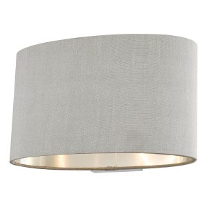 Melody small elegant wall light with silver lined oval grey shade on white background lit