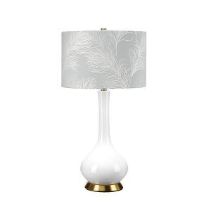 Milo white ceramic table lamp with aged brass metalwork and duck egg feather shade, on white background, lit.