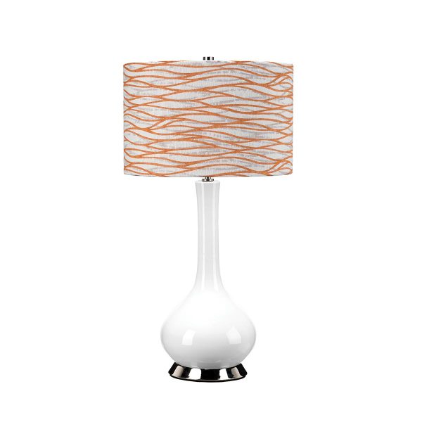 Milo white ceramic table lamp with polished nickel metalwork and linear orange patterned shade on white background.