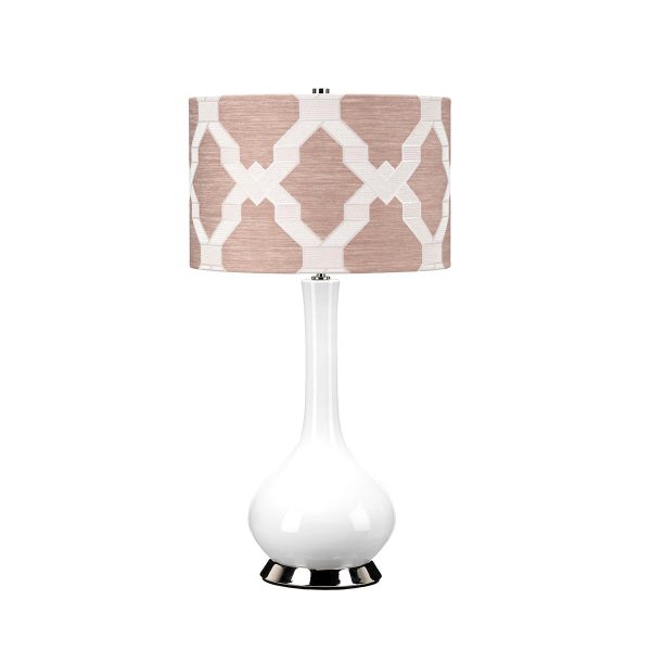 Milo white ceramic table lamp with polished nickel metalwork and salmon pink shade on white background.