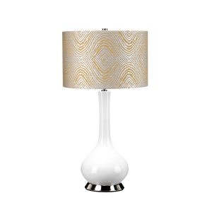 Milo white ceramic table lamp with polished nickel metalwork and Piazza summer breeze shade on white background.