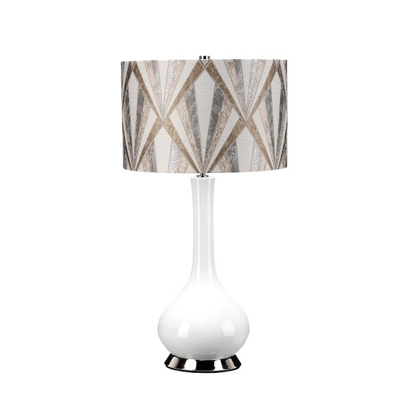 Milo white ceramic table lamp with polished nickel metalwork and geometric patterned shade, on white background, lit.