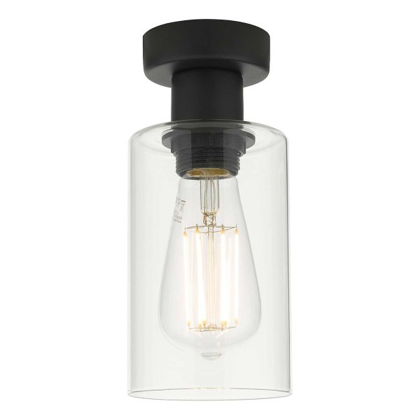 Miu single flush low ceiling light in matt black with clear glass shade, on white background lit