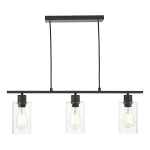 Miu industrial 3 light bar pendant in matt black with clear glass shades, on white background lit