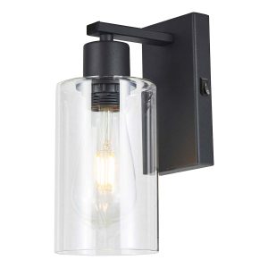 Miu switched industrial wall light in matt black with clear glass shade, on white background lit