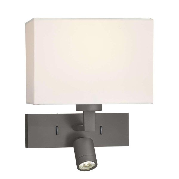 Modena brushed bronze finish switched wall light with LED reading lamp, shown lit with shade
