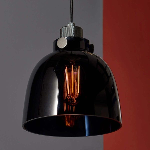 Industrial 1 light ceiling pendant in matt black and black chrome with black glass main image