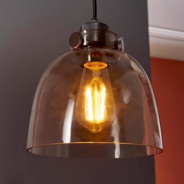 Industrial 1 light ceiling pendant in matt black and black chrome with smoked glass main image