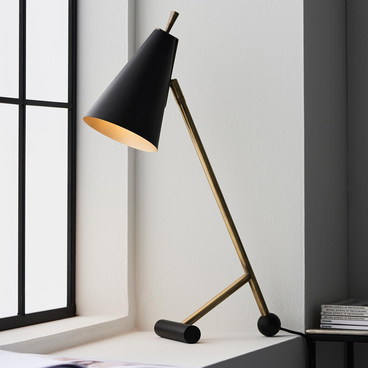 Modern Architectural 1 Light Task Table Lamp Matt Brass Black Shade