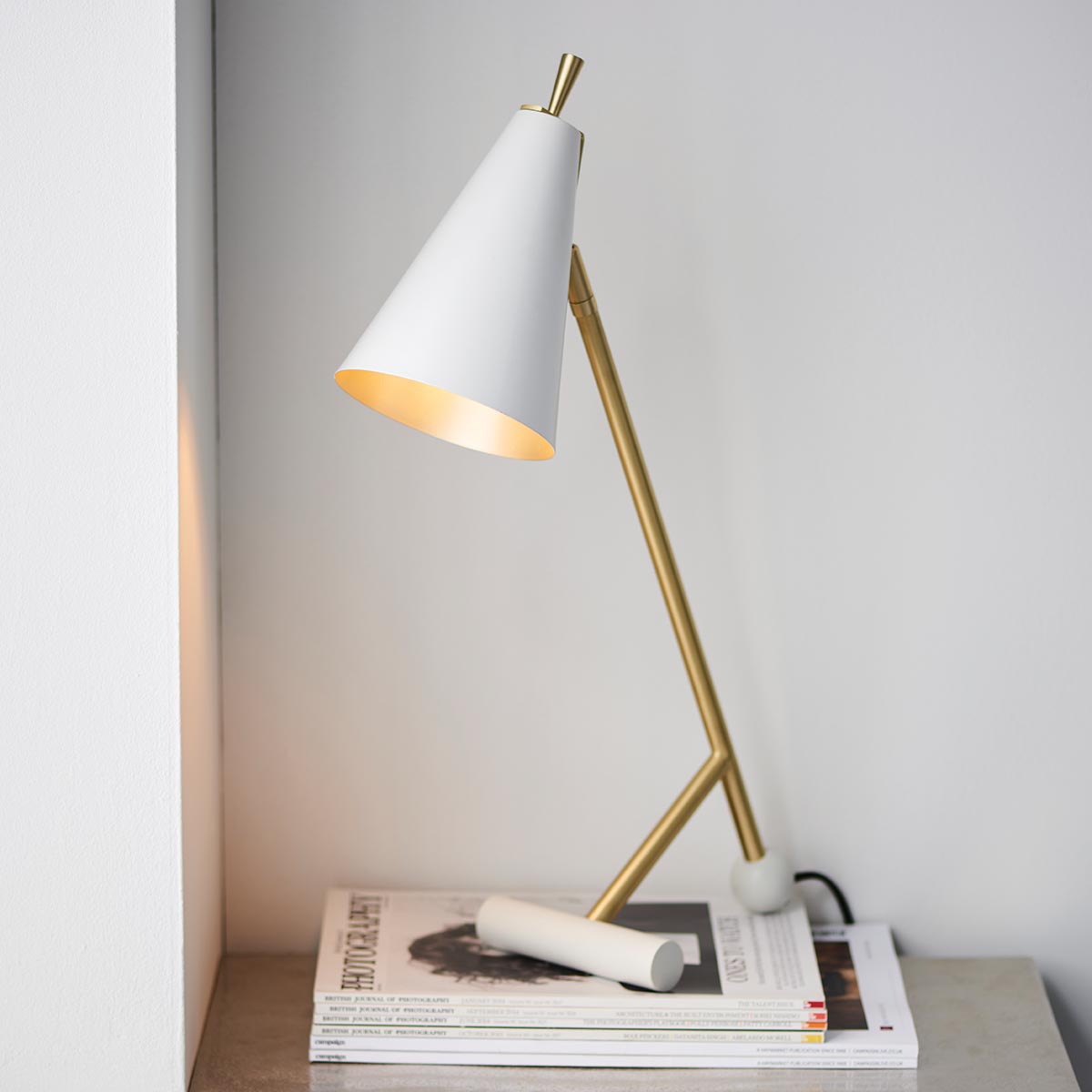 Modern Architectural 1 Light Task Table Lamp Matt Brass White Shade