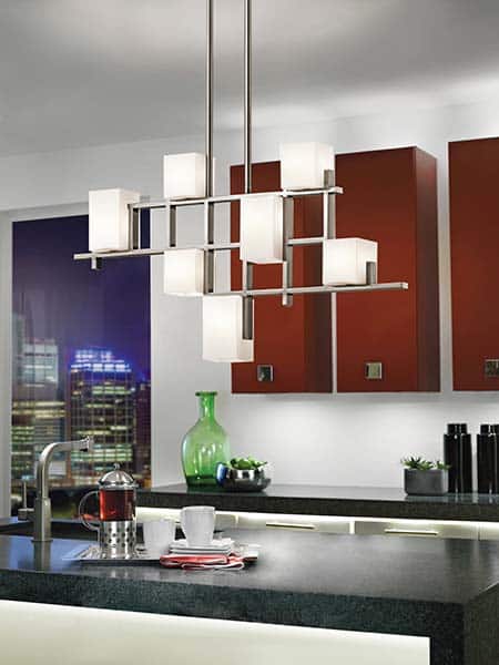 Modern chrome and frosted glass geometric chandelier in kitchen