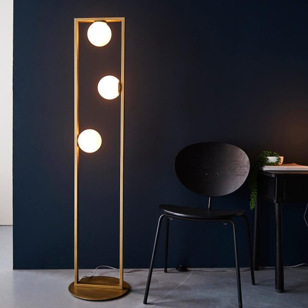 Geometric 3 light floor lamp in brushed gold with opal glass shades main image