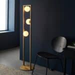 Geometric 3 Light Floor Lamp Brushed Gold Opal Glass Globe Shades