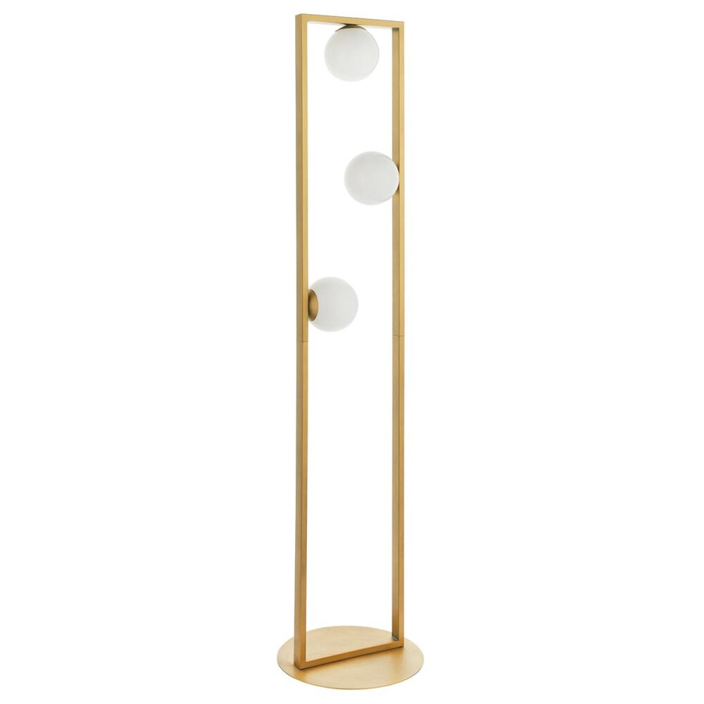 Geometric 3 Light Floor Lamp Brushed Gold Opal Glass Globe Shades