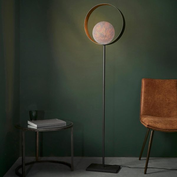 Modern gold patina 1 light circular floor lamp with dark bronze base main image