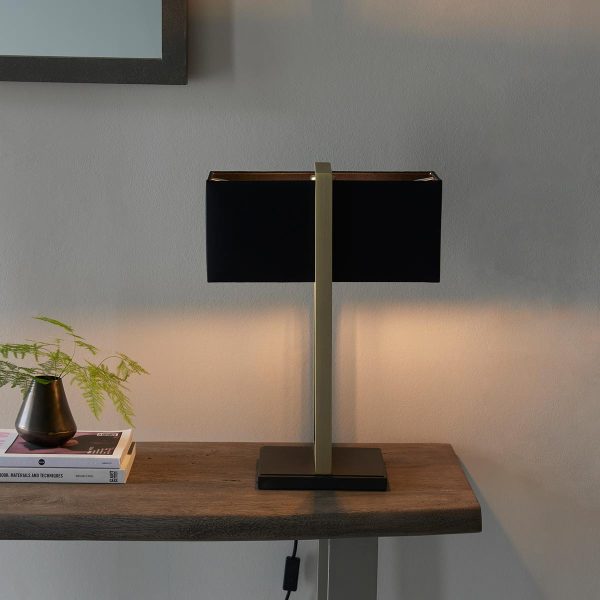 Modern 1 light rectangular table lamp in satin brass with black cotton shade roomset