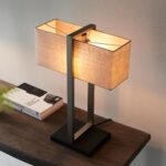 Modern 1 Light Rectangular Table Lamp Satin Nickel Natural Linen Shade