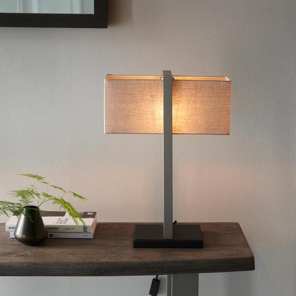 Modern 1 Light Rectangular Table Lamp Satin Nickel Natural Linen Shade