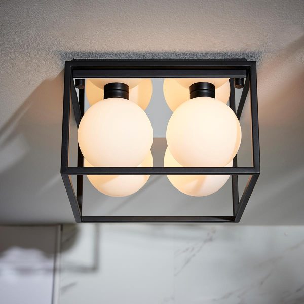 Square 4 light bathroom ceiling flush in matt black with opal glass shades main image