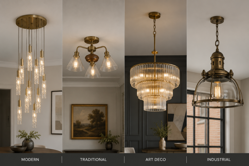 Image of modern, traditional, Art Deco and industrial styles for comparison.