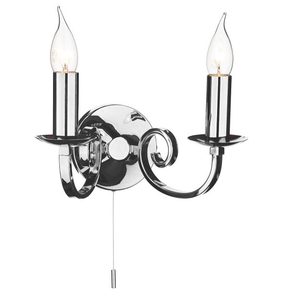 Murray switched double wall light in polished chrome on white background