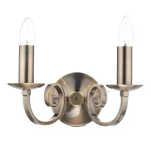 Murray switched double wall light in antique brass on white background