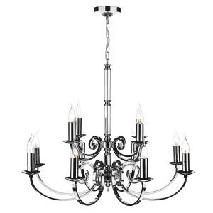 Murray large 12 light dual mount chandelier in polished chrome chain mounted on white background