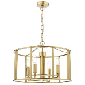 Myka 4 light caged pendant chandelier in brushed bronze, on white background lit