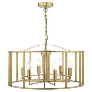 Myka modern 6 light pendant chandelier in brushed bronze, on white background lit