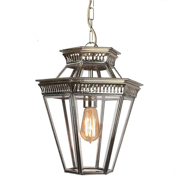 Edwardian style hanging outdoor porch lantern in polished nickel on white background