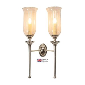 Grosvenor Edwardian twin wall light in polished nickel with storm glass shades