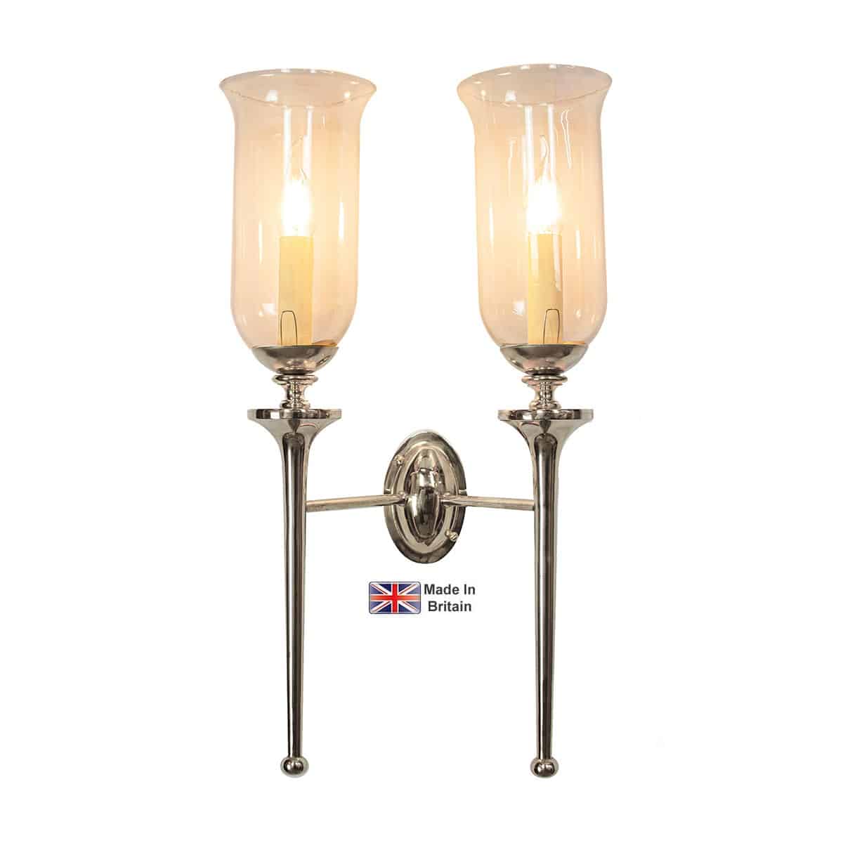 Grosvenor Edwardian Twin Wall Light Polished Nickel Storm Glass