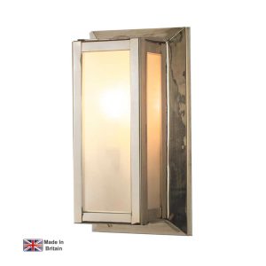 Small Deco outdoor wall light in polished nickel shown on white background