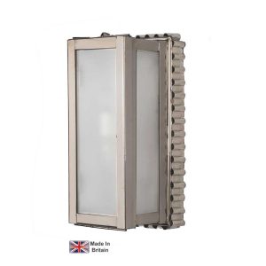 Ripple small outdoor wall light in polished nickel with frosted glass on white background