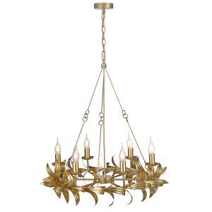 Nadria 6 light Italian style chandelier in satin gold, on white background lit