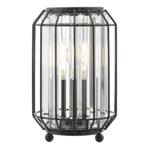 Naeva stylish crystal table lamp inside a satin black cage on white background lit