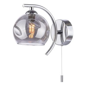 Nakita switched wall light with dimpled smoked glass shade in chrome on white background lit
