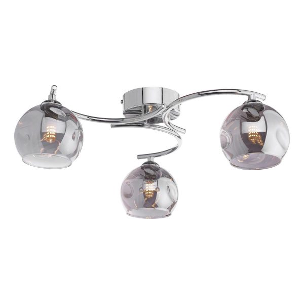 Nakita 3 arm flush ceiling light with dimpled smoked glass shades in chrome shown lit