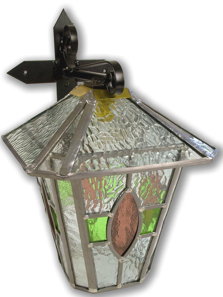 Newquay Large Green / Rose Leaded Glass Outdoor Wall Lantern