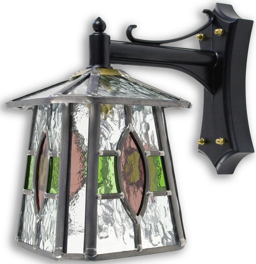 Newquay Green / Rose Leaded Glass Downward Outdoor Wall Lantern