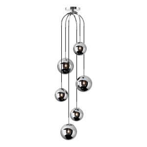 Niko 6 light cluster stairwell pendant in polished chrome with smoked glass on white background