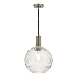 Nikolas 1 light pendant in antique chrome with ribbed glass globe shade on white background