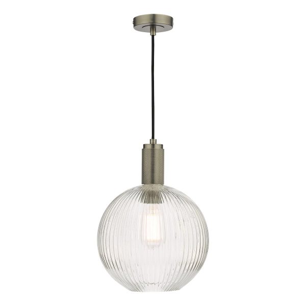Nikolas 1 light pendant in antique chrome with ribbed glass globe shade on white background