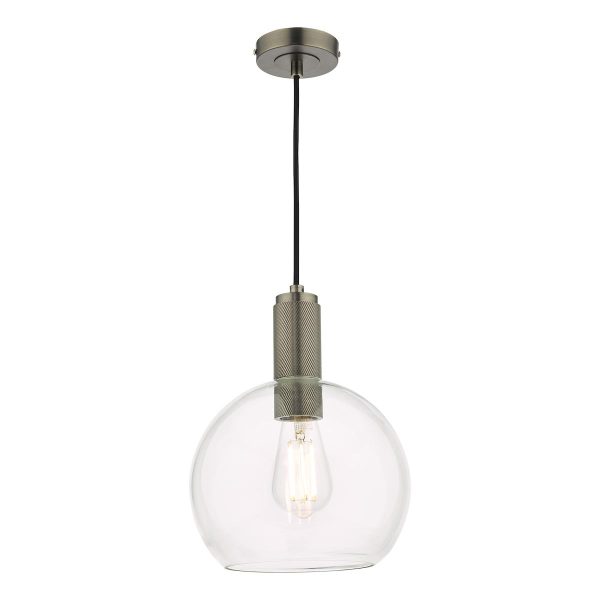 Nikolas 1 light pendant in antique chrome with clear glass bowl shade on white background