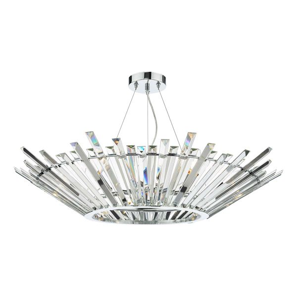 Nimbus 6 light Art Deco crystal pendant in polished chrome on white background lit