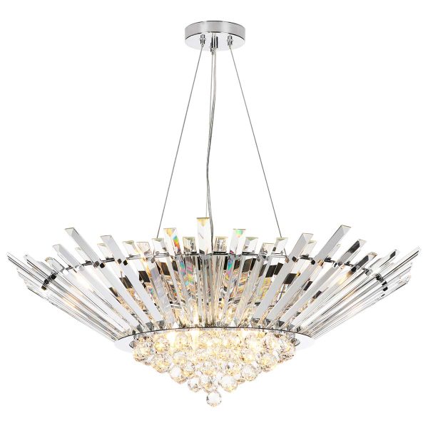 Nimbus 9 light Art Deco crystal chandelier in polished chrome, on white background lit