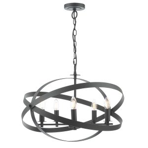 Nitya 5 light modern industrial chandelier in matt black on white background lit