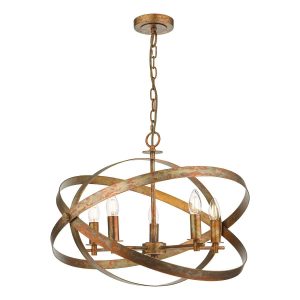 Nitya 5 light modern industrial chandelier in mottled copper on white background