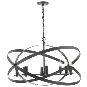 Nitya 8 light large industrial chandelier in matt black on white background lit