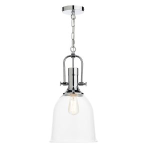 Nolan single light kitchen pendant in chrome with clear glass shade on white background